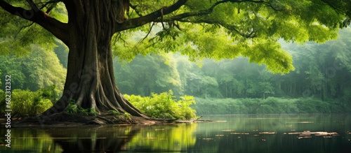 Fototapeta Naklejka Na Ścianę i Meble -  In the lush green landscape of a tropical park in Thailand, a majestic tree stands tall against a backdrop of dense forest, its leaves rustling in the gentle summer breeze as travelers explore the