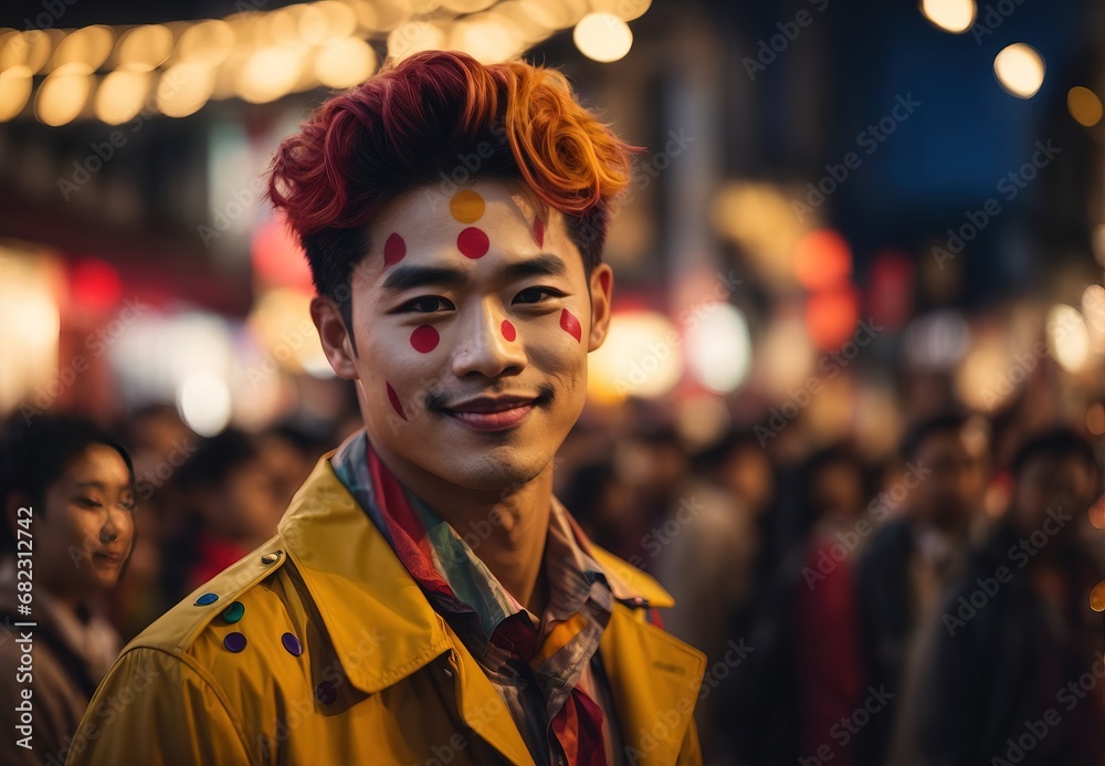 Men wearing clown costume and makeup, blurred crowd of people watching on the background