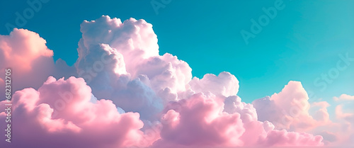 Serene blue sky with fluffy pastel pink clouds in panoramic view.