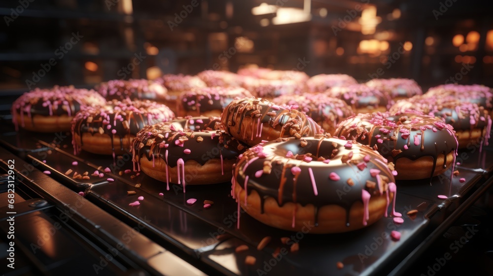  a close up of a bunch of doughnuts with icing and sprinkles on a conveyor belt in a store or a food processing line.