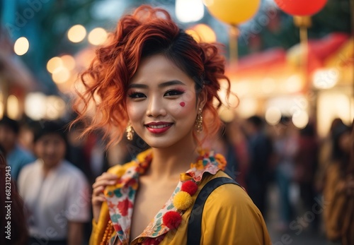 Women wearing clown costume and makeup, blurred crowd of people watching on the background © MochSjamsul