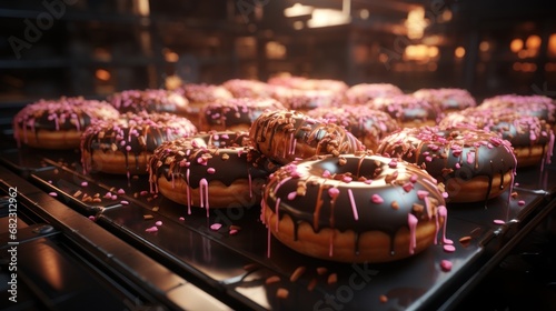  a close up of a bunch of doughnuts with icing and sprinkles on a conveyor belt in a store or a food processing line.