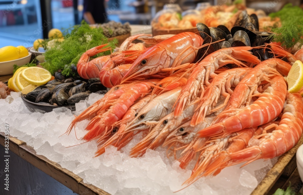 Fresh seafood display with shrimp, mussels, and lemons on a bed of ice. Display at the local market, fresh seafood.