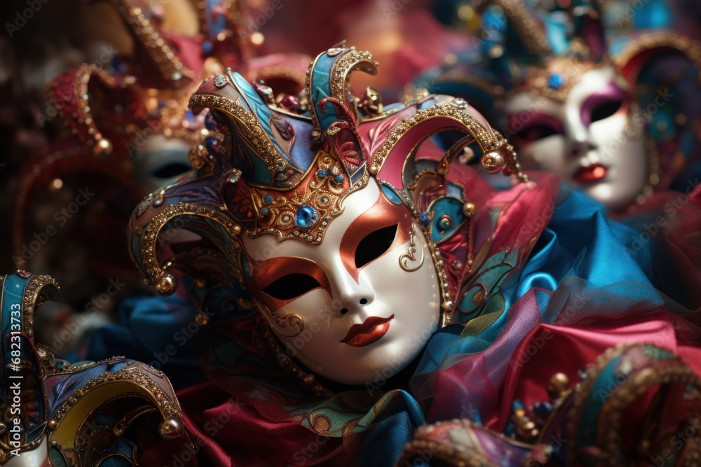 A colorful and vibrant display of Venetian carnival masks for sale in a bustling street market. Generative Ai.