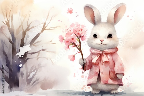 Papier peint a watercolor painting of a white rabbit holding a branch of pink flowers in front of a snowy landscape with a tree and a blossom blossomy branch in the foreground