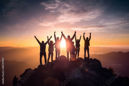 Collaborative Group success people sunset. Sky teamwork. Generate Ai
