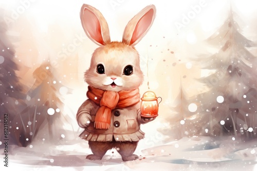  a painting of a bunny holding a lantern in a snowy forest with pine trees in the background and snow falling on the ground and snowflakes on the ground. © Nadia