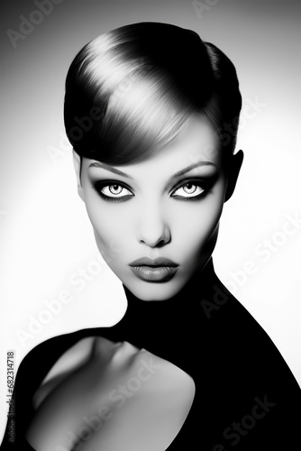 black and white photo of pretty woman, sleek hairstyle, and high-necked top, ai generative