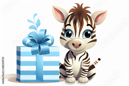 cartoon character of a cute zebra holding a gift box