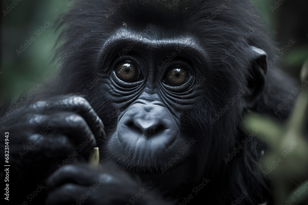 gorilla in the wild, its face blurred, sitting amidst green foliage, and appears to be holding a branch, ai generative