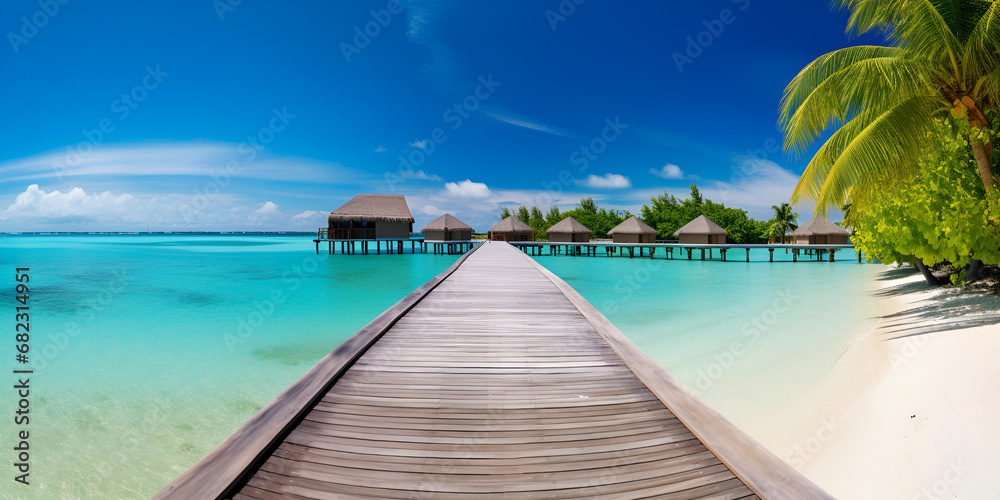 beach with island.Tropical Tranquility: Wooden Pier and Coconut Palms.AI Generative 