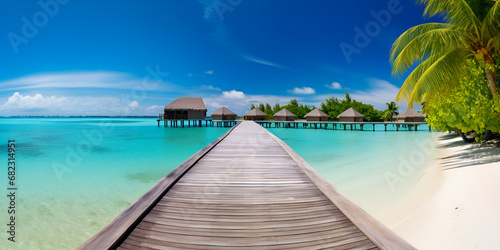 beach with island.Tropical Tranquility  Wooden Pier and Coconut Palms.AI Generative 