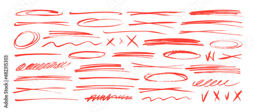 Underline and strike through red markers collection. Hand drawn vector underlines, crossed lines. photo