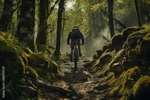 A cyclist navigating through scenic trails surrounded by lush greenery, promoting cardiovascular health and outdoor exploration. Concept of cycling adventures. Generative Ai.