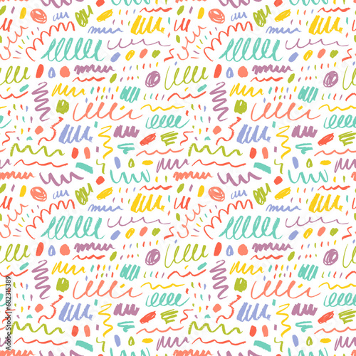 Brush and charcoal curly lines seamless pattern. Pencil squiggles, swirls and dots.