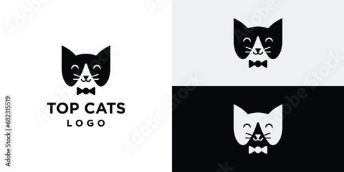 Top Cat Logo Design. Cat Tie Cool Cat. Elegance Cat Symbol Icon Vector Illustration.