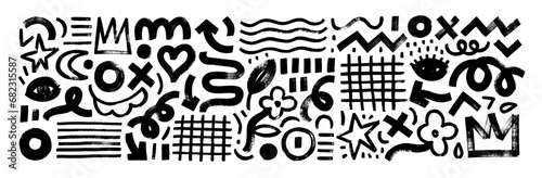 Naive playful abstract geometric shapes, lines, forms collection.