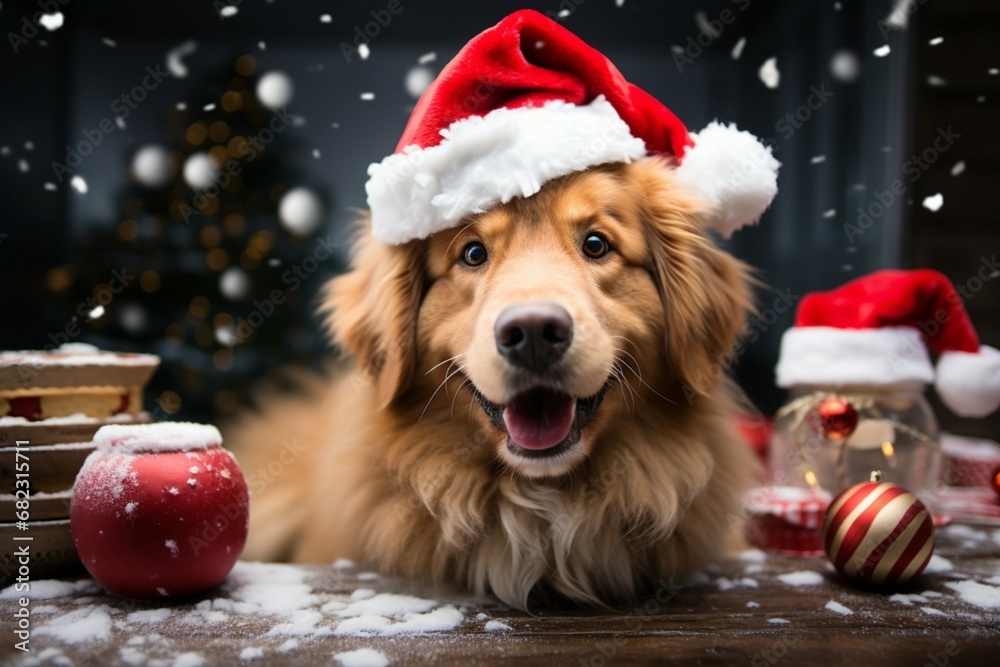 Christmas festivities with a lovable dog celebrating with festive decorations and holiday joy