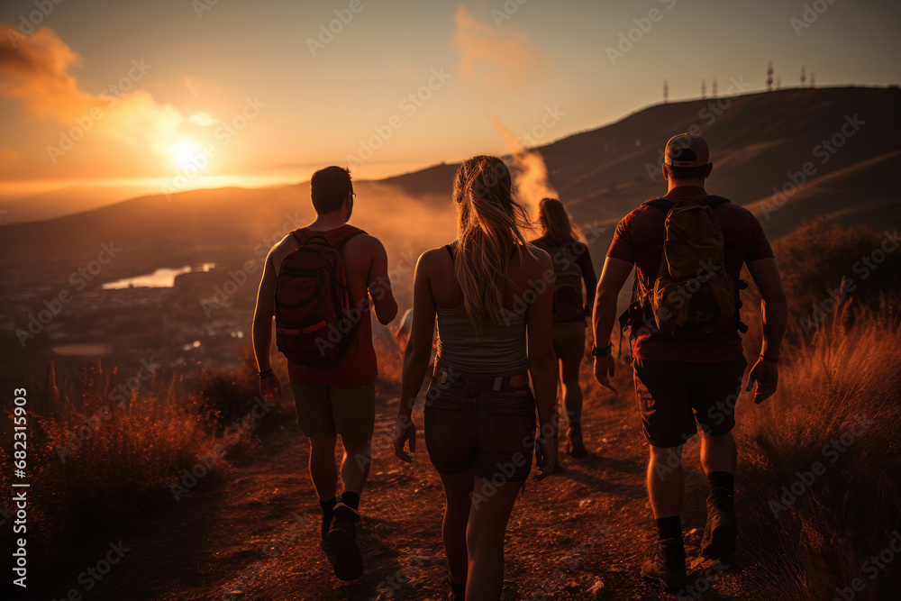A serene sunset hike with friends, merging physical activity with the therapeutic benefits of nature. Concept of nature-infused fitness. Generative Ai.