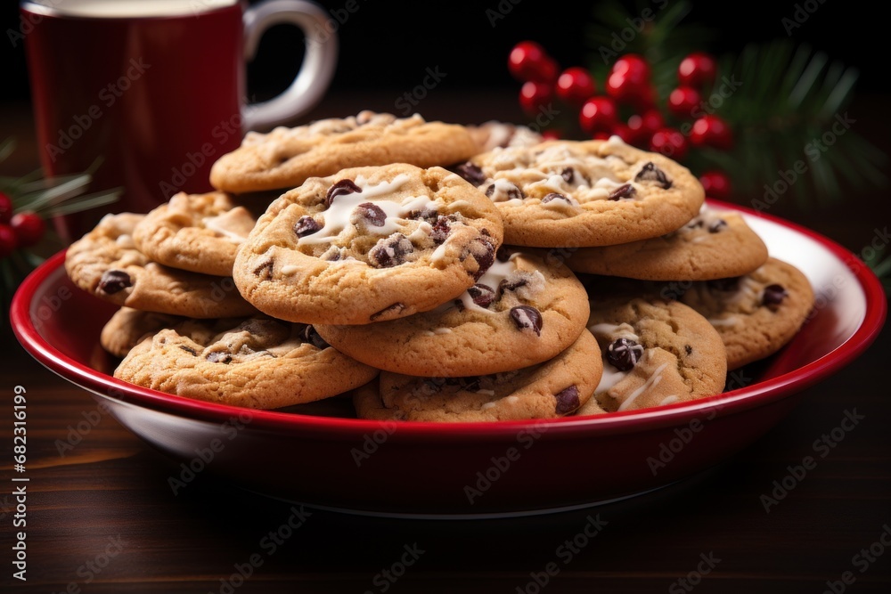 a red bowl filled with chocolate chip cookies next to a cup of coffee on a wooden table next to holly wreaths and a red mug of hot chocolate chips. a red bowl filled with chocolate chip cookies next to a cup of coffee on a wooden table next to holly wreaths and a red mug of hot chocolate chips.
