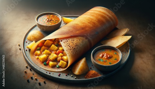A realistic high-resolution photograph of Masala Dosa, featuring a large, crispy dosa with spiced potato filling, served with sambar and coconut chutney. photo