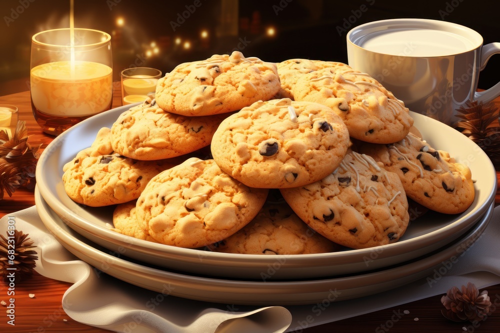 a plate full of cookies next to a cup of coffee and a candle on a table with pine cones, pine cones, and a glass of milk in the background. a plate full of cookies next to a cup of coffee and a candle on a table with pine cones, pine cones, and a glass of milk in the background.