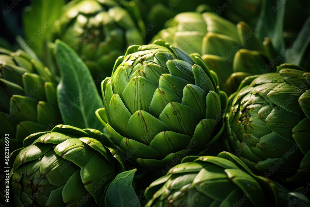 A close-up of artichoke hearts, showcasing the intricate patterns and textures that make them a culinary delicacy. Concept of artichoke indulgence. Generative Ai.
