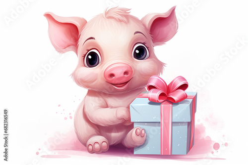 cartoon character of a pig cute holding gift box © Yoshimura