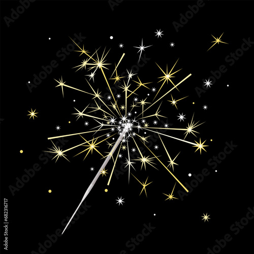 Sparkler isolated on dark background. Bengal fire vector cartoon flat illustration.