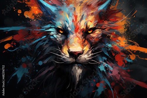  a painting of a fox's face with orange, blue, and red paint splatters on it's face and a black background with a black background.