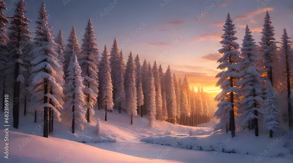 Snow mountain and sunset sky background. Season and environment concept. , AERIAL CLOSE UP Flying trough snowy misty spruce forest at golden winter sunrise