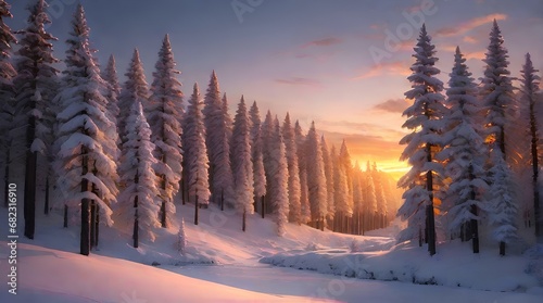 Snow mountain and sunset sky background. Season and environment concept. , AERIAL CLOSE UP Flying trough snowy misty spruce forest at golden winter sunrise © saqib