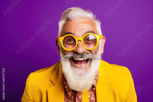 Portrait of cheerful elderly gray-haired bearded grandfather in funny sunglasses and bright extravagant clothes on plain purple background. Retired hipster, seniors party, carnival