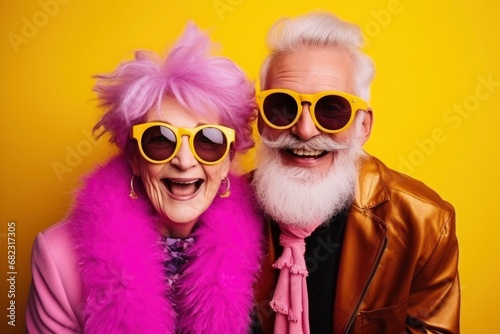 Cool retired hipsters, seniors party, carnival. Portrait of cheerful elderly gray-haired bearded grandparent wearing funny sunglasses and bright extravagant clothes on plain yellow background