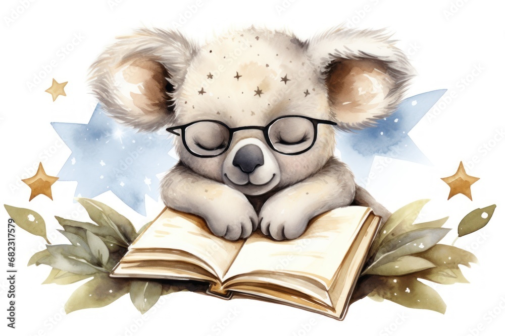  a drawing of a koala bear wearing glasses reading a book with stars around it and stars around the edges of the book, on a white background with blue and gold stars.