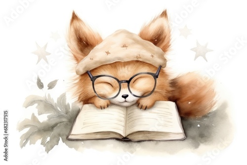  a drawing of a dog wearing glasses and a hat while reading a book with stars on the side of the book and the dog is wearing a hat and reading glasses.