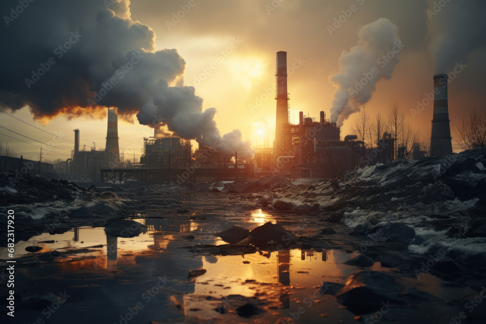 A sprawling industrial complex with towering smokestacks, emanating the hum of productivity and the pulse of modern manufacturing. Concept of industrial prowess. Generative Ai.