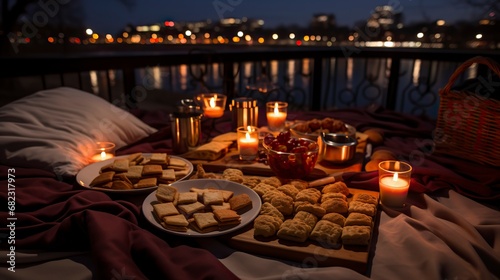  A romantic picnic setting with a blanket pillows candles,Valentines Day, Propose day, Valentines Day date. 