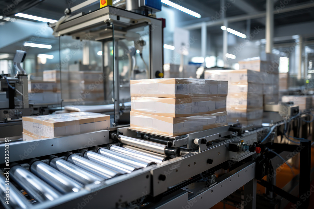 A packaging line with machines efficiently boxing and labeling products, readying them for distribution. Concept of streamlined packaging. Generative Ai.