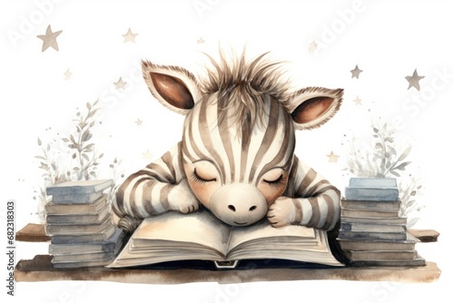  a zebra laying on top of a pile of books with its head on top of a pile of books with its eyes closed and eyes closed, resting on top of a pile of books.