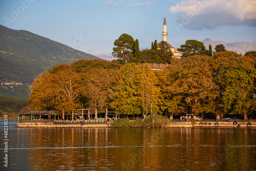 IOANNINA, GREECE - September 28, 2023:View to the lake Pamvotis. Ioannina city, Greece. photo