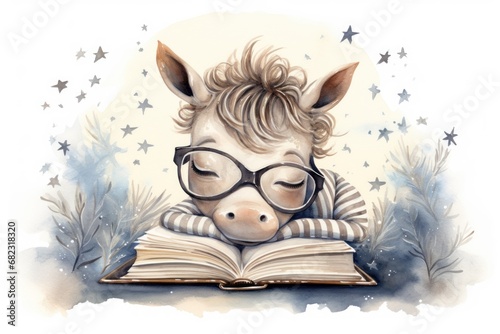  a drawing of a donkey wearing glasses while reading a book with stars around its neck and a book in front of it's face, on a white background.
