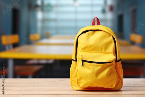 Yellow backpack with different colorful stationery on table. Back to school