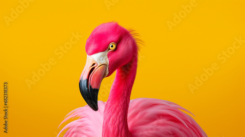 Flamingo Elegance in Vibrant Pink  Tropical Wildlife on Yellow Background