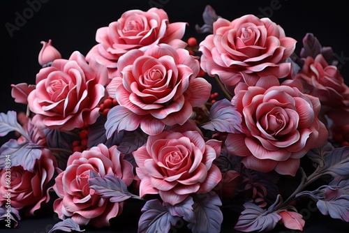  a bunch of pink flowers sitting on top of a black table next to a vase of red and purple flowers on a black table top of a black table with a black background.