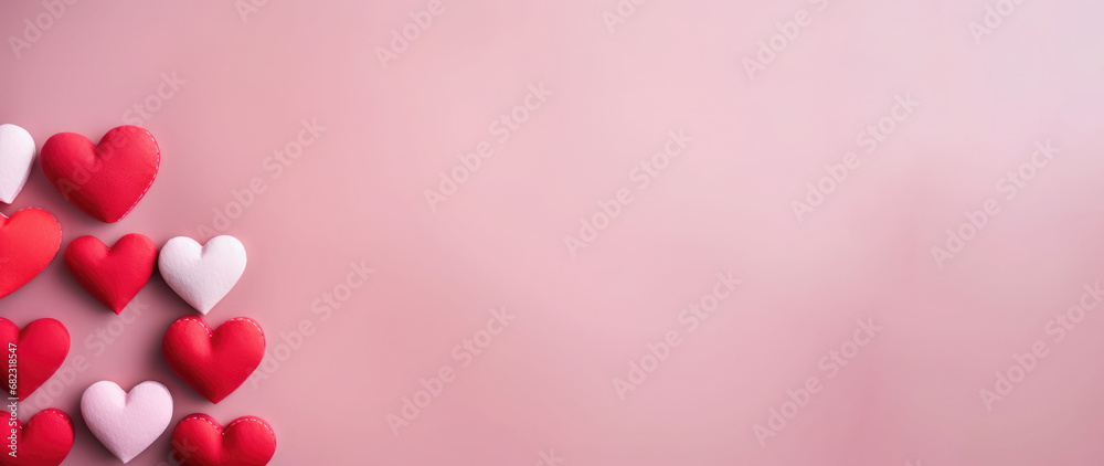 Valentine's Day background with red and white hearts on pink background. Banner.