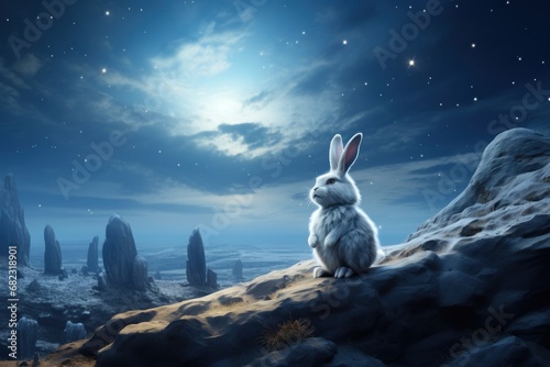 Canvas-taulu a white rabbit sitting on top of a rocky hillside under a night sky with stars and the moon in the sky over a field of grass and rocks and rocks