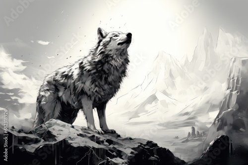  a black and white drawing of a wolf sitting on a rock looking up at the sky with a mountain in the background and a bird flying in the foreground. © Nadia