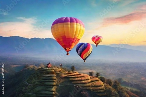 hot air balloon in the mountains in green grass