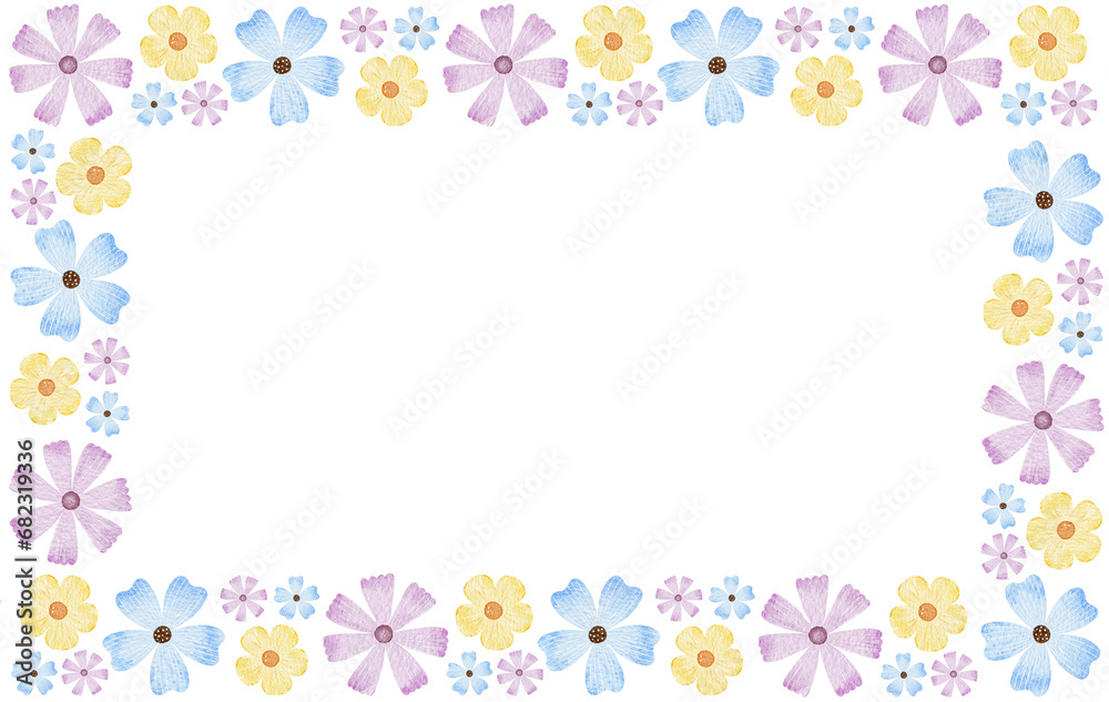 Blue, purple and yellow wildflowers. Square frame of simple flowers. Watercolor isolated illustration. For the design of postcards for Easter, birthday, International Women's Day Blue, purple and yellow wildflowers. Square frame of simple flowers. Watercolor isolated illustration. For the design of postcards for Easter, birthday, International Women's Day
